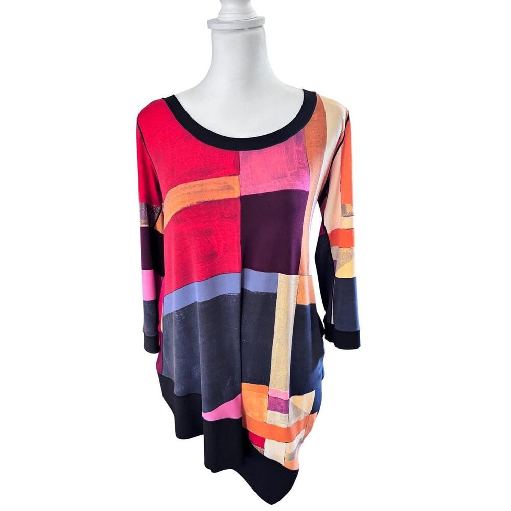 Eva Varro Geometric Block Print Asymmetrical Tunic Top Multi Color‎ 3/4 Sleeve M